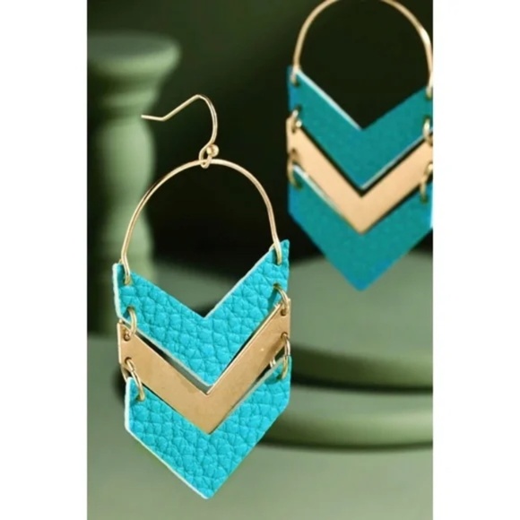 Turquoise & Gold Faux Vegan Leather Chevron Dangle Earrings - Picture 1 of 3